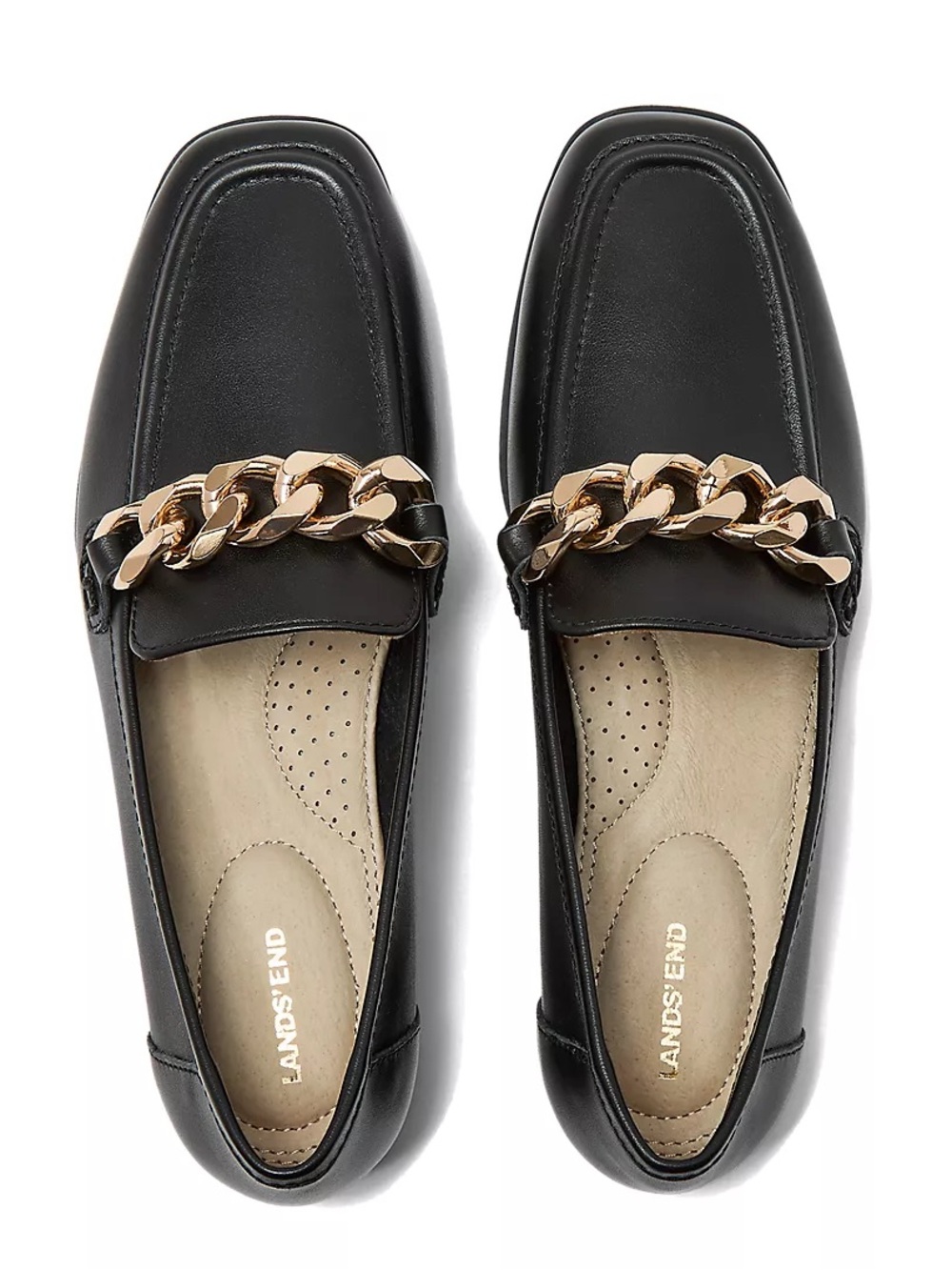 NWOT Land's End Women's Chain Leather Loafers, Size 9, Leather, Black and Gold